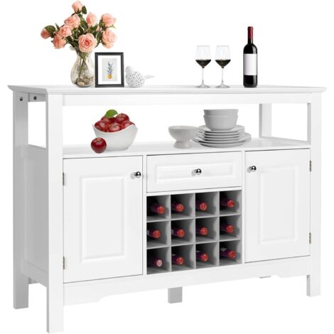 GOPLUS Mobile Portabottiglie, Mobile da Buffet, Credenza con Cassetti e Armadietti, Scaffale per 12 Bottiglie in Legno, Ripiano Superiore Aperto, Mobile per Esposizione di Vini (Bianco) (1/5)