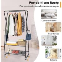 GOPLUS Stand Appendiabiti in Metallo, Appendiabiti da Terra con 2 Ripiani,  4 Ganci e Doppia Asta, per Camera da Letto, Balcone, Dormitorio, Nero