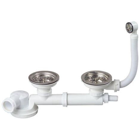 Wirquin – Ensemble complet espace NF pour évier 2 bacs Ø90 – 2 bondes à panier d90 – Siphon extra plat avec garde d'eau 50mm – Largeur 270mm, hauteur 630mm (1/2)