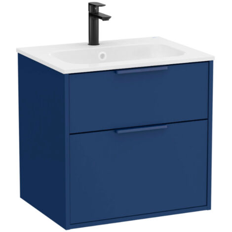Pack meuble unik "OPTICA" 600 - 2 tiroirs + lavabo plan en Stonex - Bleu Acier Mat - Roca (1/2)