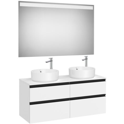 Pack meuble "The gap"1200 pour 2 vasques à poser - 4 tiroirs + plan + miroir LED - blanc mat/poignées noires - Roca (1/2)