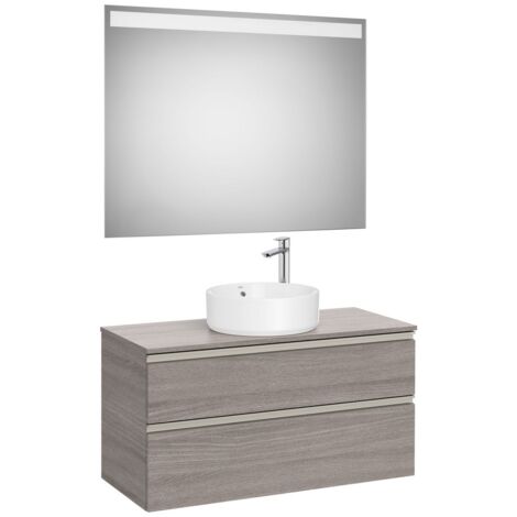Pack meuble "The gap"1000 pour vasque à poser - 2 tiroirs + plan + miroir LED - city oak/poignées nickel mat - Roca (1/2)