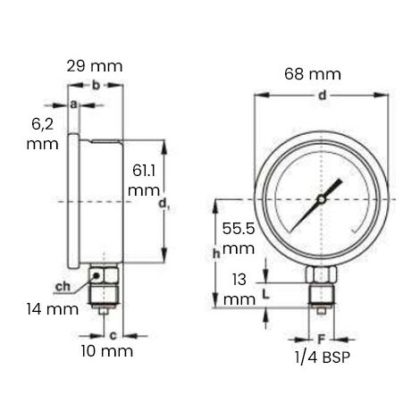 Thermador MR10G Manomètre glycérine 0 à 10 bars Radial 1/4 50