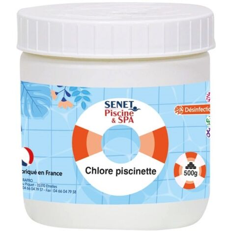 Chlore désinfectant pour piscine hors sol – Pastilles 3,3 g – Chloration choc rapide – Teneur en chlore actif 44,8% – 500 g – Senet
