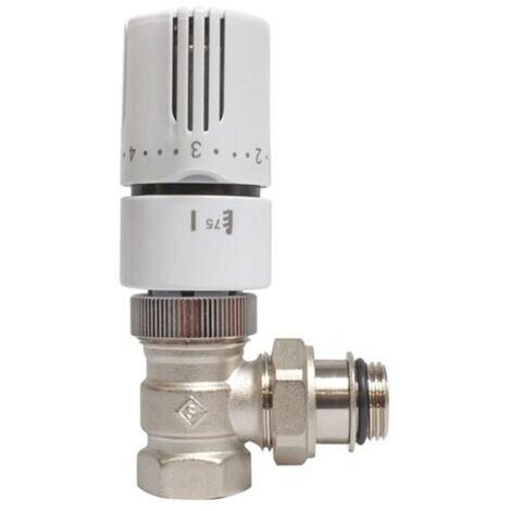 Blanc Habitat – Robinet thermostatique équerre 1/2" – Corps laiton nickelé – Bulbe à dilatation de cire – Température maxi 110°C – Protection anti-gel