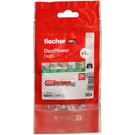 Fischer – Pack de 50 chevilles bi-matière DUOPOWER Ø5 x 25 mm – Pour béton armé et matériaux pleins – Installation facile avec collerette étroite