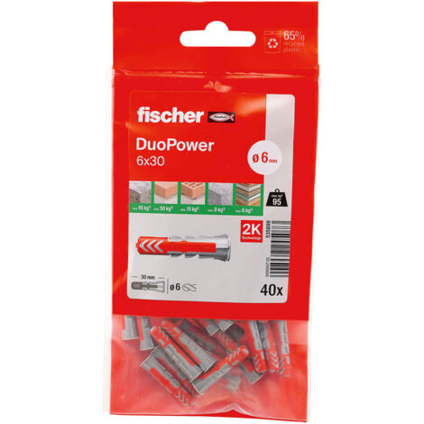 Fischer – Lot de 40 chevilles bi-matière DUOPOWER Ø6 x 30 mm – Pour béton armé et supports variés – Ergot anti-rotation – Collerette étroite (1/5)