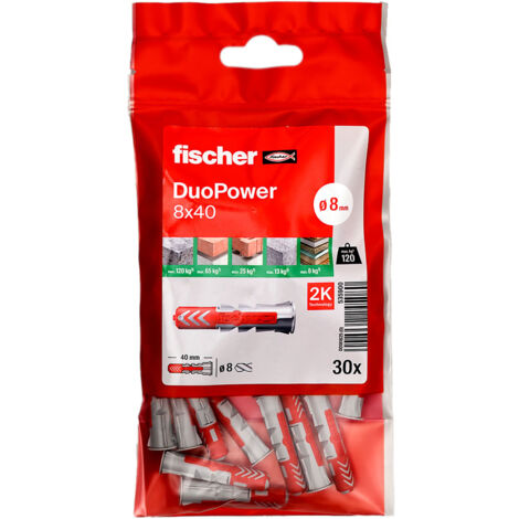 Fischer – Lot de 30 chevilles bi-matière DUOPOWER Ø8 x 40 mm – Pour béton armé et matériaux creux – Charge élevée – Sans vis