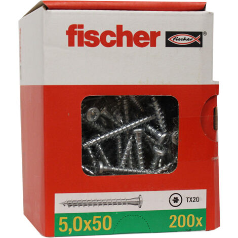 Fischer – 200 vis à tôle TX20 Ø5 x 50 mm – Filetage total 45 mm – Zinguées blanches pour ossature bois – Vissage rapide en série