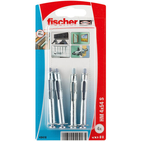Fischer – Blister de 4 chevilles métalliques HM pour plaque de plâtre – Vis Ø4 x 54 mm – Charge élevée – Taraudage métrique pour dévissage facile (1/3)