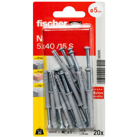 Blister de 20 chevilles à frapper Ø5 x 40 mm collerette fraisée et clou tête fraisée pour structures en bois - Fischer (1/5)
