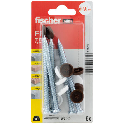 Blister de 6 vis pour menuiseries FFS 7,5 x 92 mm + capuchons blanc et brun foncé - Fischer (1/5)