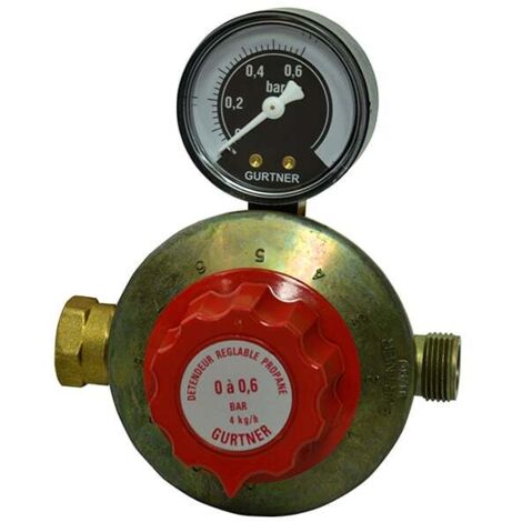 Détendeur réglable propane basse pression avec manomètre 4kg/h - 50 à 200 mbar - entrée écrou bouteille - sortie M20x150 - Gurtner