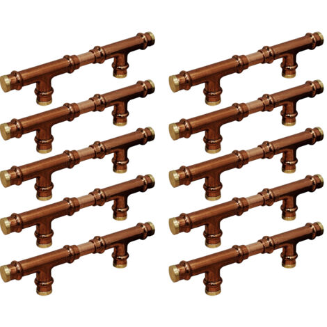 Lot de 10 - Poignée Matière Cuivre Laiton "Rétro Té" Entraxe 96 mm Ø12 - Arcanaute (1/4)