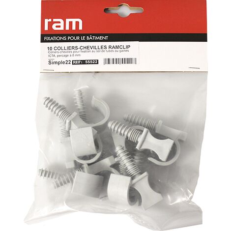 10 colliers chevilles RAMCLIP simple gris pour tube nu Ø22 et prégainé Ø12 - RAM (1/2)