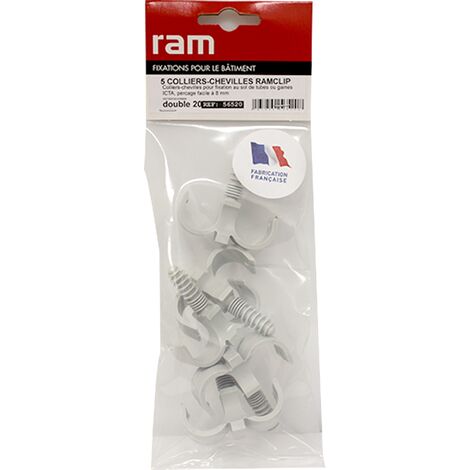 5 colliers chevilles RAMCLIP double gris pour tube nu Ø20 - RAM (1/2)