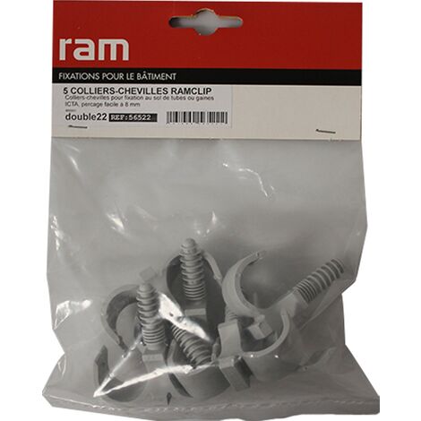 5 colliers cheville RAMCLIP double gris pour tube nu Ø22 et prégainé + prégainé duo Ø12 - RAM (1/2)
