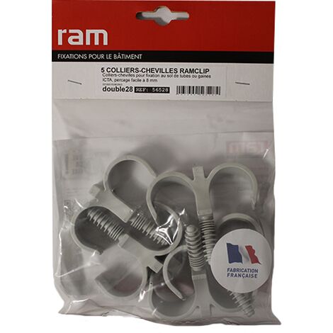 5 colliers cheville RAMCLIP double gris pour tube nu Ø28 à 32 et prégainé + prégainé duo Ø16 - RAM (1/2)