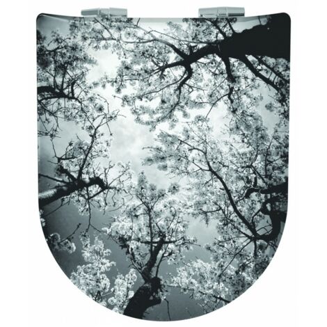 Abattant Double OLFA Descente Assistée "Arbres en Fleurs" Gris Perle 47x36.5 cm