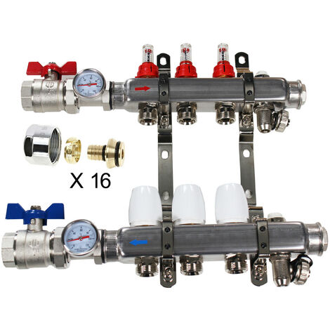 Kit Collecteur INOX 1" PCBT - 8 départs mâle 3/4" + 16 raccords eurocone multicouche 16x2,0 (1/2)