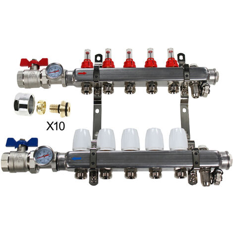 Kit Collecteur INOX 1" PCBT - 5 départs mâle 3/4" + 10 raccords eurocone multicouche 16x2,0 (1/2)