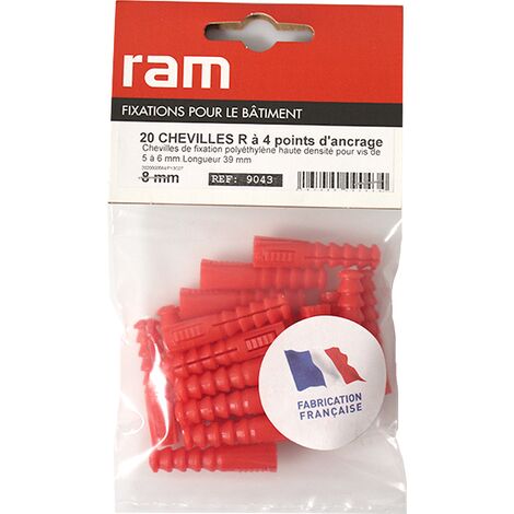 Sachet de 20 chevilles R8 rouges multimatériaux sans collerette - Ø8 mm - Longueur 39 mm - RAM