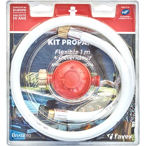 Favex – Kit de cuisson détendeur propane 5774503 – Débit 1,5 kg/h – Pression 37 mbar – Flexible 1m pour bouteilles 13 kg