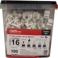 RAM – Collier-cheville CLIPEO double blanc – Fixation tube multicouche Ø16 – Tenue optimale parpaing, béton, brique – Système 3 en 1