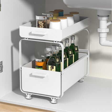 Weißes Push-Pull-Rack für die Spüle, multifunktionales Aufbewahrungsregal unter der Spüle, teleskopisches Aufbewahrungsregal unter dem Schrank, Größe 40 x 25,2 x 39,5 cm, Kohlenstoffstahl (1/5)