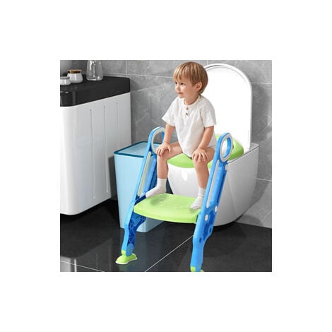 Töpfchentrainer Kinder-Töpfchen Toilettensitz mit Treppe Rutschfest stabil  klappbar und höhenverstellbar (Blau Grün）