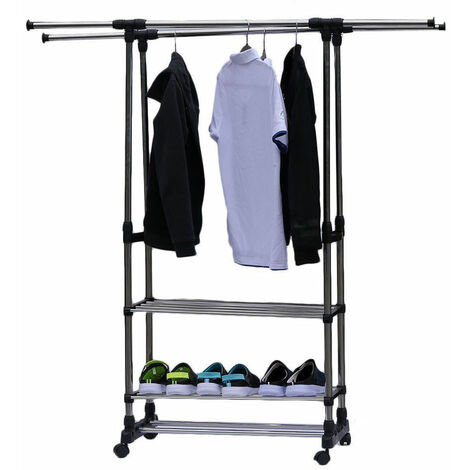 3 Tier Portable Double Rolling Rail Adjustable Clothes Garment Rack Hanger