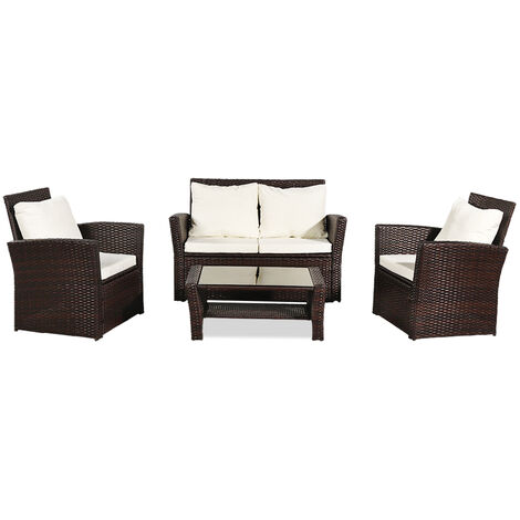 4 Seaters Rattan Garden Sofa Furniture Sets Patio Conservatory Armchairs Table wish Cushion - Brown