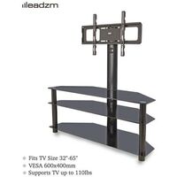 Leadzm TSG002 32-65" Corner Floor TV Stand with Swivel Bracket 3-Tier Tempered Glass Shelves