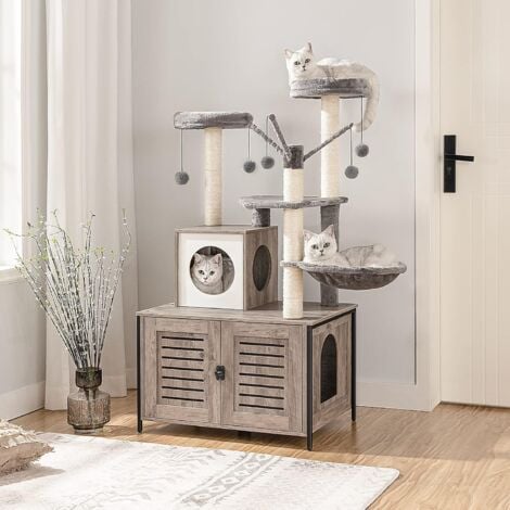 kratzbaum mit katzenklo Schrank, katzenbaumTurm, All-in-One-Katzenmöbel für drinnen, versteckte Katzentoilettenmöbel, 132 cm, Abnehmbare Plüschball-Stangen, HOOBRO EBG14MZ03