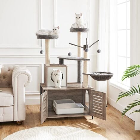 kratzbaum mit katzenklo Schrank, katzenbaumTurm, All-in-One-Katzenmöbel für drinnen, versteckte Katzentoilettenmöbel, 132 cm, Abnehmbare Plüschball-Stangen, HOOBRO EBG14MZ03