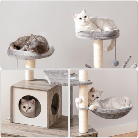kratzbaum mit katzenklo Schrank, katzenbaumTurm, All-in-One-Katzenmöbel für drinnen, versteckte Katzentoilettenmöbel, 132 cm, Abnehmbare Plüschball-Stangen, HOOBRO EBG14MZ03