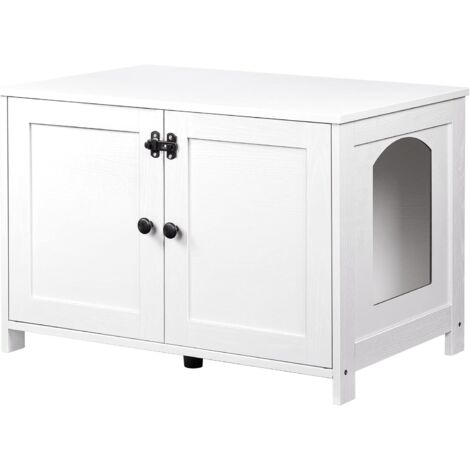 Katzenschrank, Katzenklo Schrank, Katzenhaus mit Tür und separater Trennwand, Sitzbank, Katzenstreu-Aufbewahrungsbox, 78,5 x 44,5 x 46 cm, Weiß (1/5)