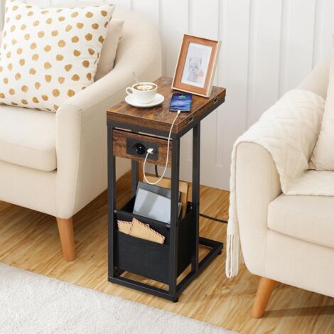 Beistelltisch mit Ladestation, C-Form, Klappbarer Couchtisch mit Stofftasche, Nachttisch mit Steckdose und 2 USB-Anschlüsse, für Wohnzimmer, Vintagebraun und Schwarz EBF30CSF01,HOOBRO