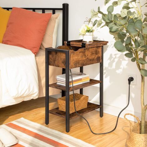 Beistelltisch, Flip-Top Sofatisch mit Ladestation und Ablagefläche, Schmaler Nachttisch für Kleine Räume, Schlafzimmer, Wohnzimmer, Stabile, Dunkelbraun HOOBRO EBF342BZ01
