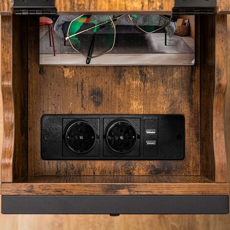 Beistelltisch, Flip-Top Sofatisch mit Ladestation und Ablagefläche, Schmaler Nachttisch für Kleine Räume, Schlafzimmer, Wohnzimmer, Stabile, Dunkelbraun HOOBRO EBF342BZ01