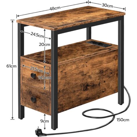 Beistelltisch mit Ladestation, Sofatisch mit 2 Schubladen und USB-Anschluss und Steckdose, Nachttisch für kleine Räume, Stabil und Robust, für Wohnzimmer, Schlafzimmer, HOOBRO EBF542BZ01