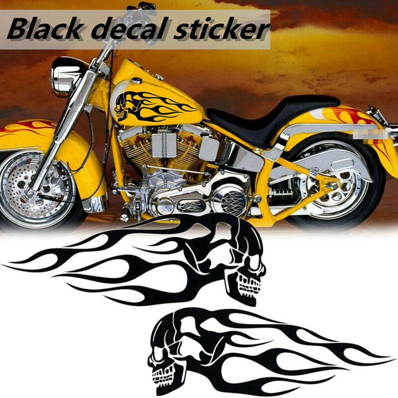 2 x Universal-Motorrad-Gastank-Schädel-Flammen-Abzeichen-Aufkleber,  Aufkleber, 34,2 x 12,8 cm (Schwarz A)