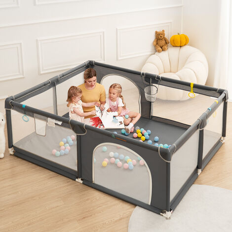 Baby Laufgitter Laufstall 150 x 180cm Absperrgitter mit Aufbewahrungstasche Aktivitätszentrum Rutschfester Basis atmungsaktivem Netz Sicherheitsspielplatz