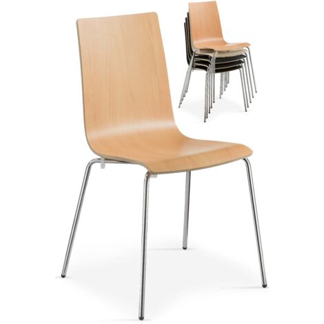 Lot de 4 chaises avec assise en bois finition bois et structure en métal chromé. Empilable, idéale pour la cuisine, la salle à manger ou les espaces collectifs  finition hêtre (1/5)
