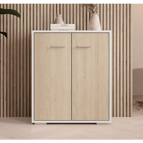Kleiner Schrank 2 Türen  Aufbewarungsschrank  Beistellschrank  60x71x30cm  Modelo Lander L2  Farbe Weiss und Sonoma