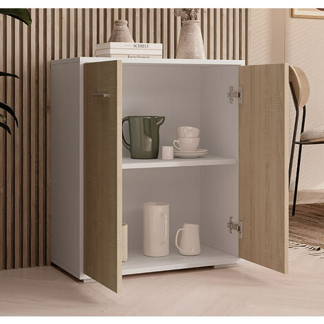 Kleiner Schrank 2 Türen  Aufbewarungsschrank  Beistellschrank  60x71x30cm  Modelo Lander L2  Farbe Weiss und Sonoma