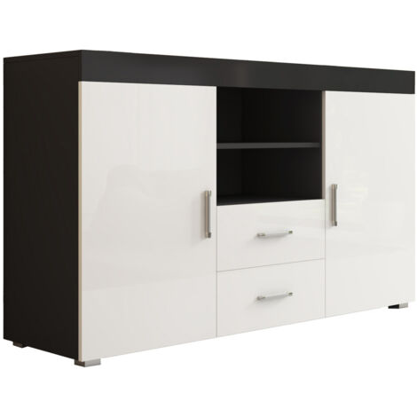 Sideboard Modern  Küchenschrank  Kommode  Wohnzimmerschrank  2 Türen 2 Schubladen  Aufbewarungsschrank  Buffet  Esszimmer  140x80x40cm  Modell Roque  Schwarz mit Weiss Glanz