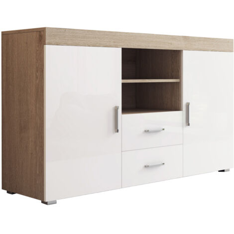 Sideboard Modern Küchenschrank Kommode Wohnzimmerschrank 2 Türen 2 Schubladen Aufbewarungsschrank Buffet Esszimmer 140x80x40cm Modell Roque Sonoma Matt mit Weiss Glanz