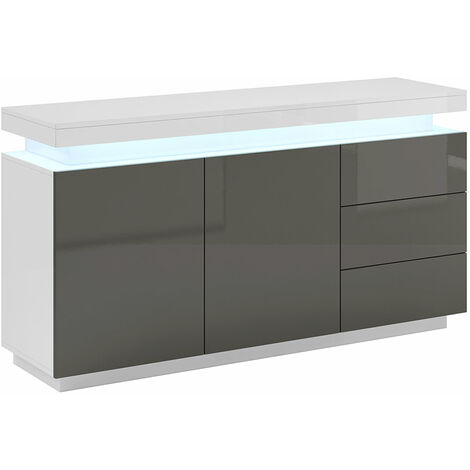 Sideboard 2 Türen 3 Schuhbladen – Hochglänzendes PVC Weiß und Grau LED 16 Farben Aluminiumgriffe – 150 x 80 x 40cm – SIDEBOARD OSIM