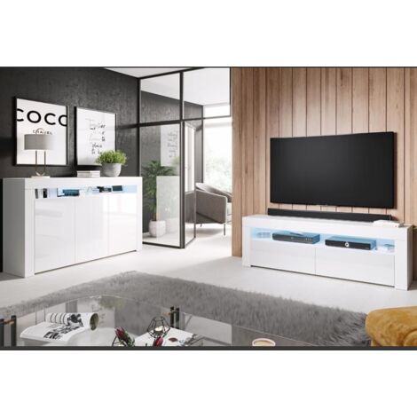 Sideboard Modern mi LED  Küchenschrank  Kommode  Wohnzimmerschrank  3 Türen  Aufbewarungsschrank  Buffet  Esszimmer  155x91x37cm  Modell Aker  Weiss Glanz
